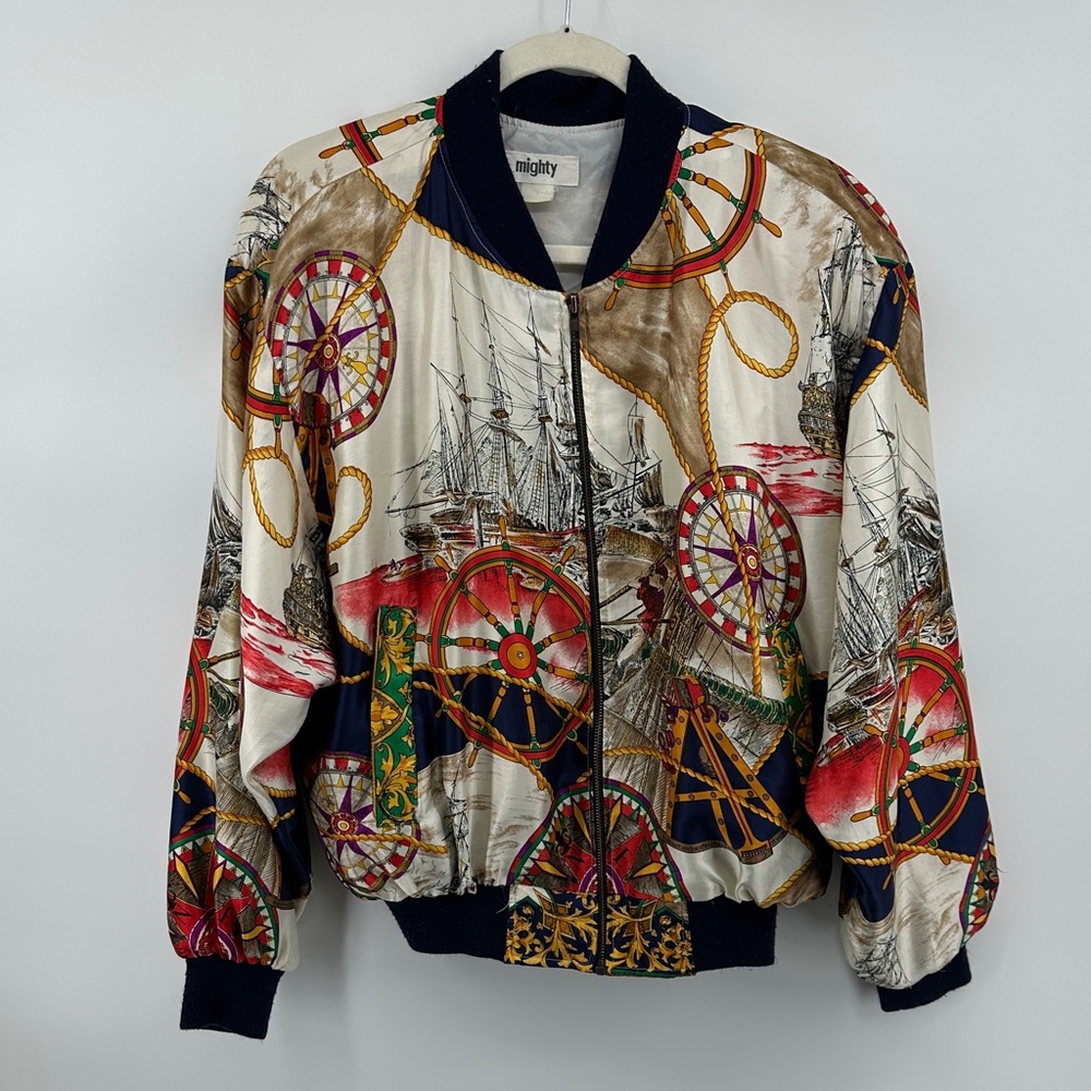 Mighty VTG Nautical Bomber Boxy Artsy 90s Maritime Ship Print Bomber Jacket SzL